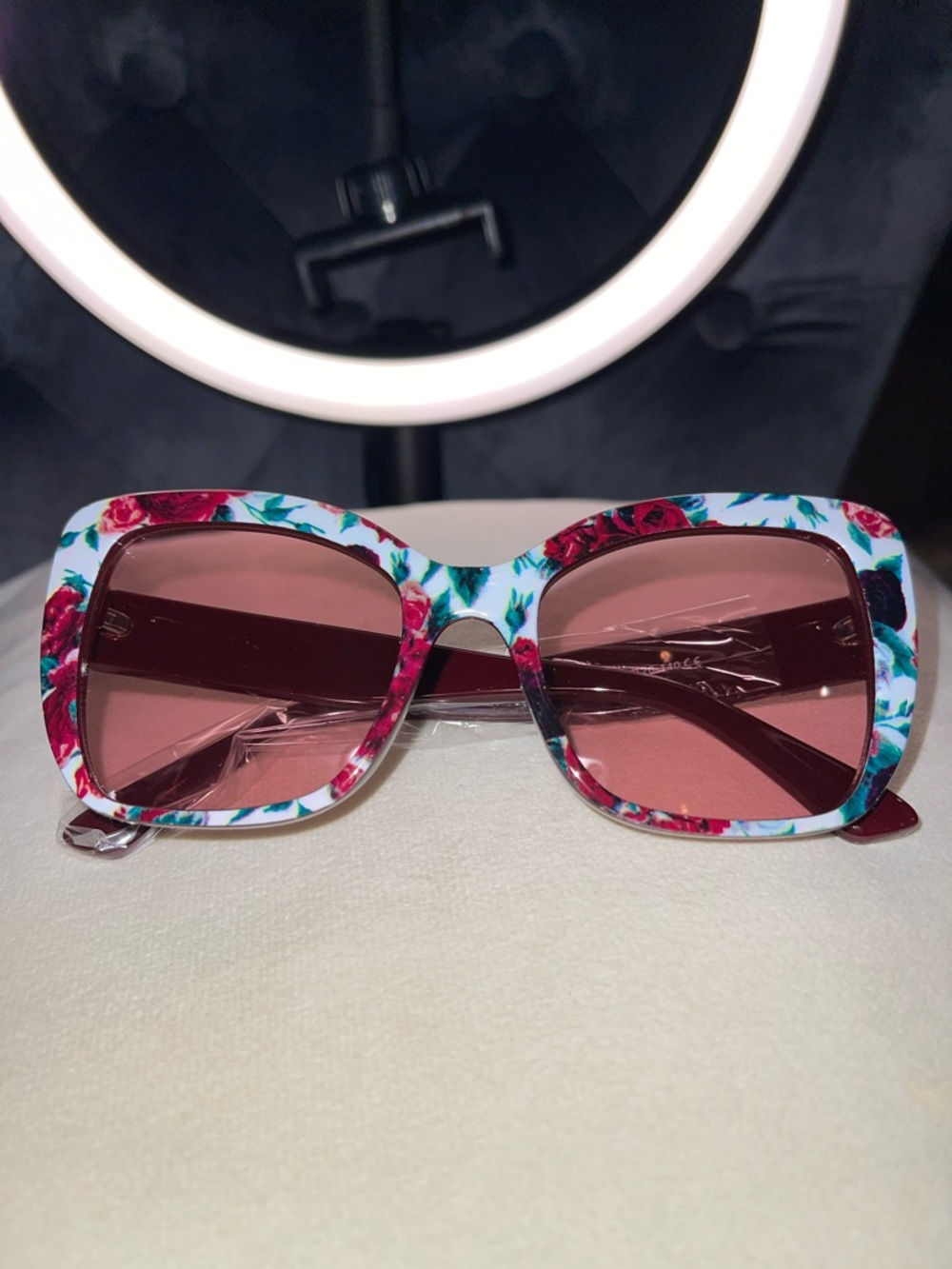Floral Square Frame Sunglasses - Pink Lenses